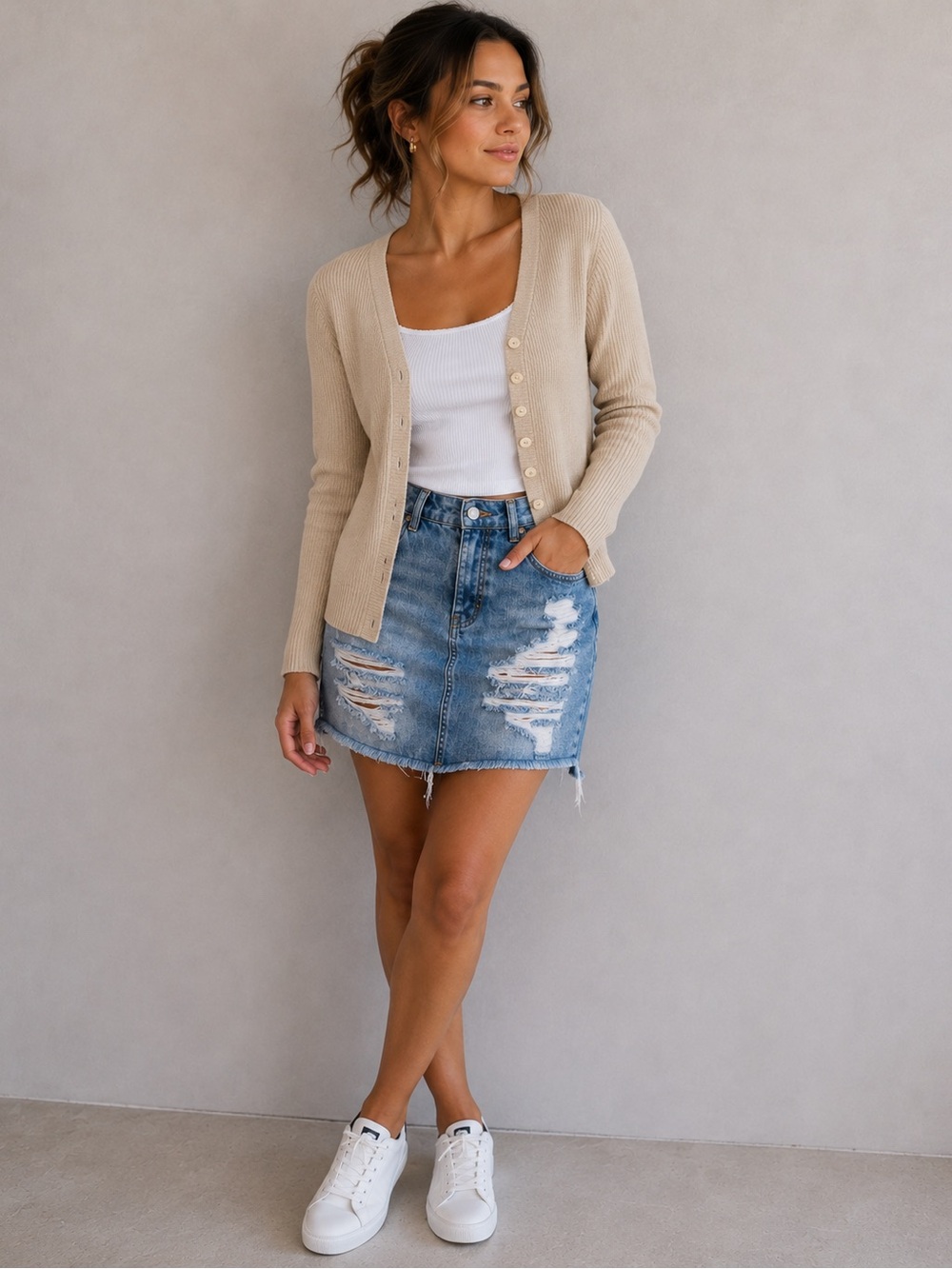 High‑Waist Distressed Denim Skirt – Raw Hem A‑Line Mini –‎ Size 7